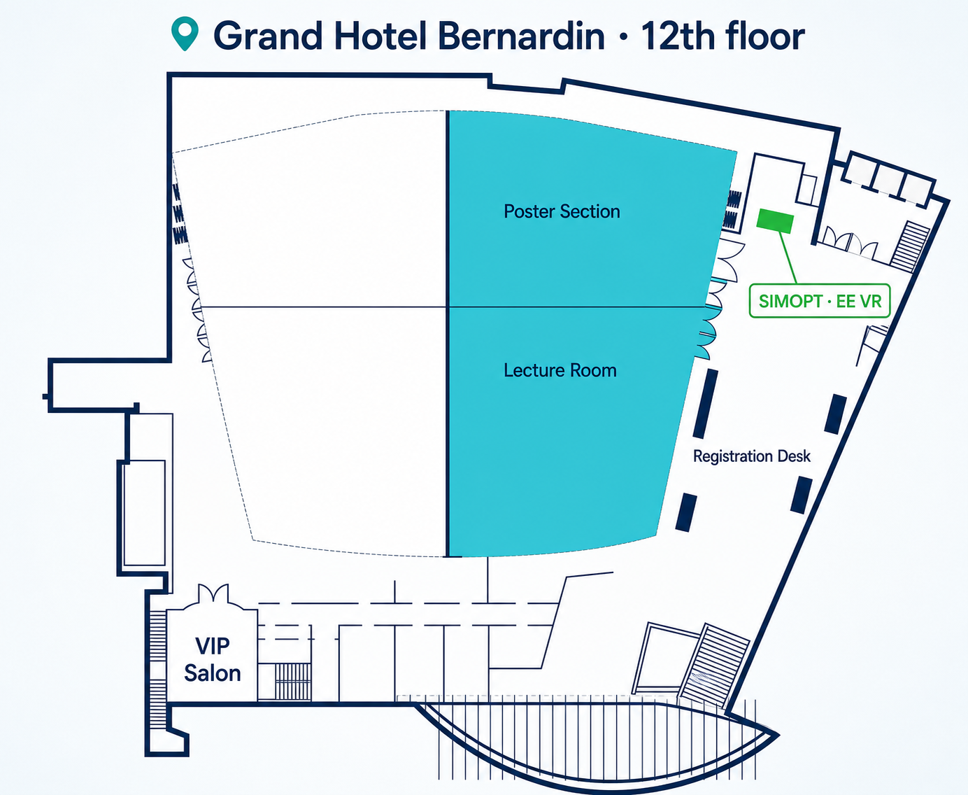 Plánek 12. patra Grand Hotelu Bernardin s vyznačeným stánkem Simopt